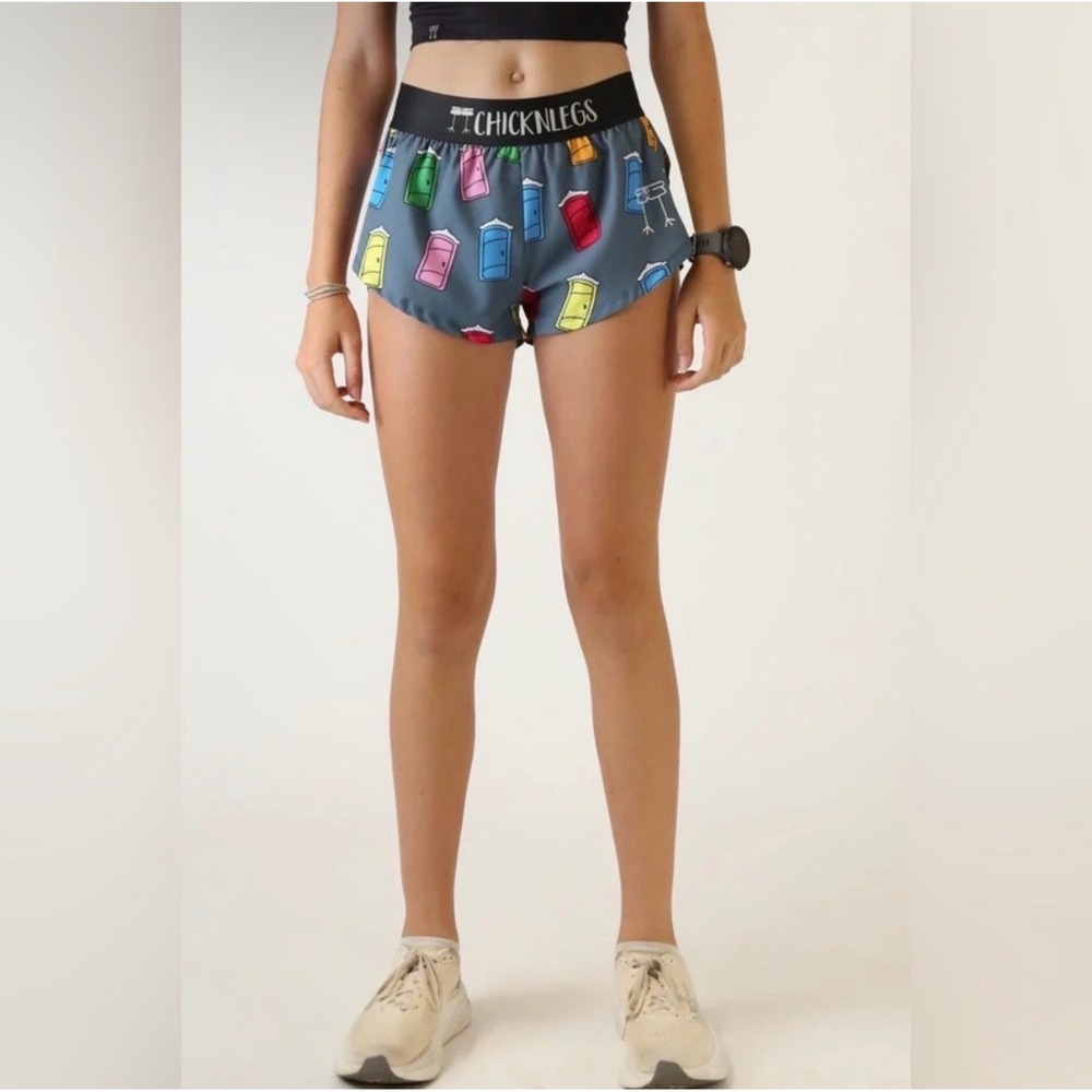 ChicknLegs Porta Potty 1.5 Split Running Shorts Womens M Blue Grey Multi